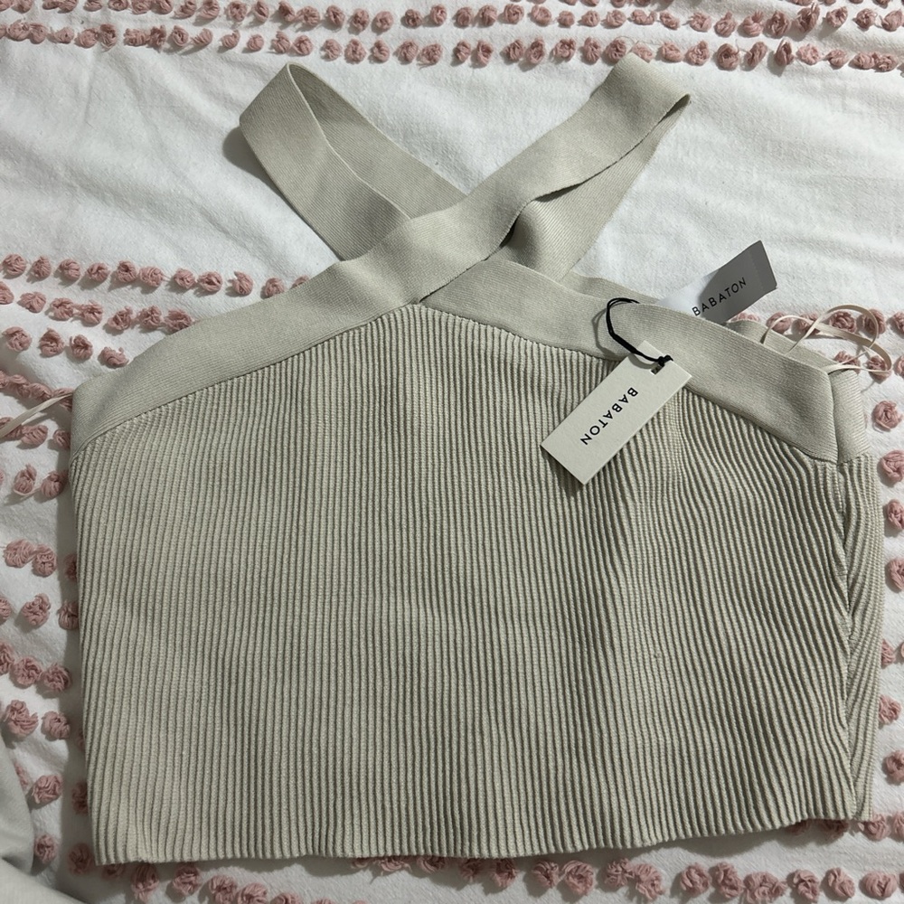 Babaton Cream Ribbed Knit Crop Top